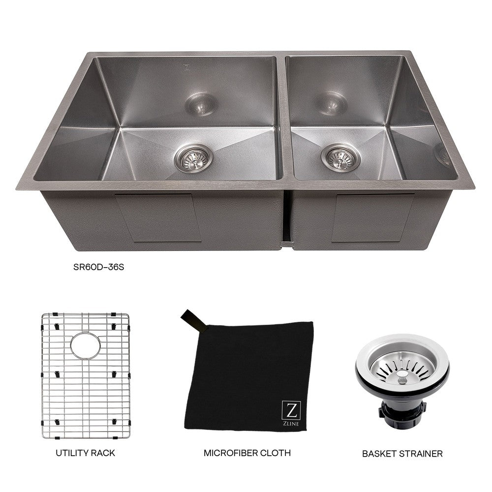Double bowl 60/40 kitchen sink and accessory package including Utility Rack, Microfiber Cloth, and Basket Strainer