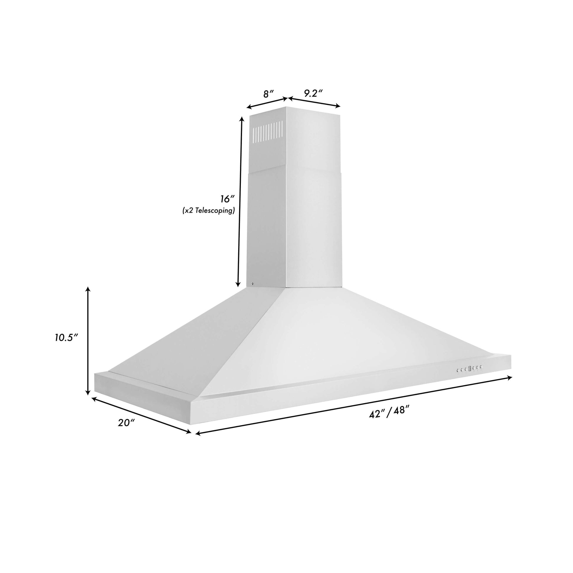 ZLINE 48 in. Convertible Vent Wall Mount Range Hood in Stainless Steel (KB-48) dimensional measurements.