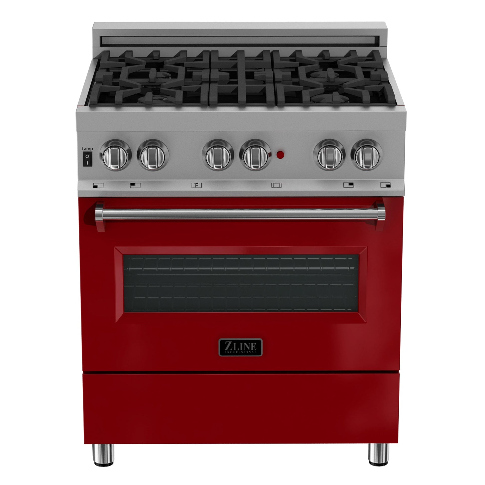 ZLINE 36 in. 4.6 cu. ft. Legacy Dual Fuel Range with 6 Burner Gas Cooktop and Electric Convection Oven in DuraSnow® Stainless Steel and Red Gloss Door (RAS-RG-36) front, oven closed.