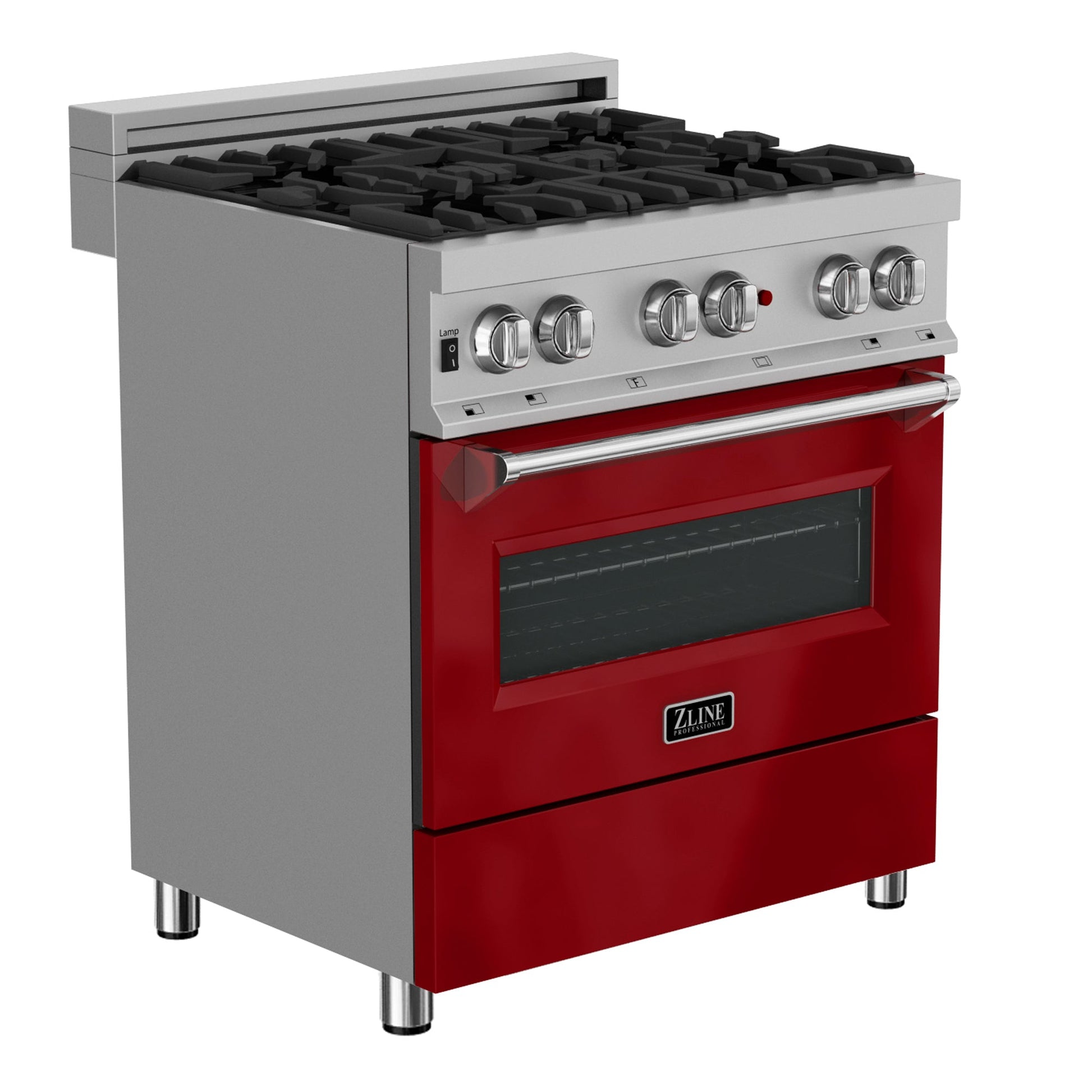 ZLINE 36 in. 4.6 cu. ft. Legacy Dual Fuel Range with 6 Burner Gas Cooktop and Electric Convection Oven in DuraSnow® Stainless Steel and Red Gloss Door (RAS-RG-36) side, oven closed.