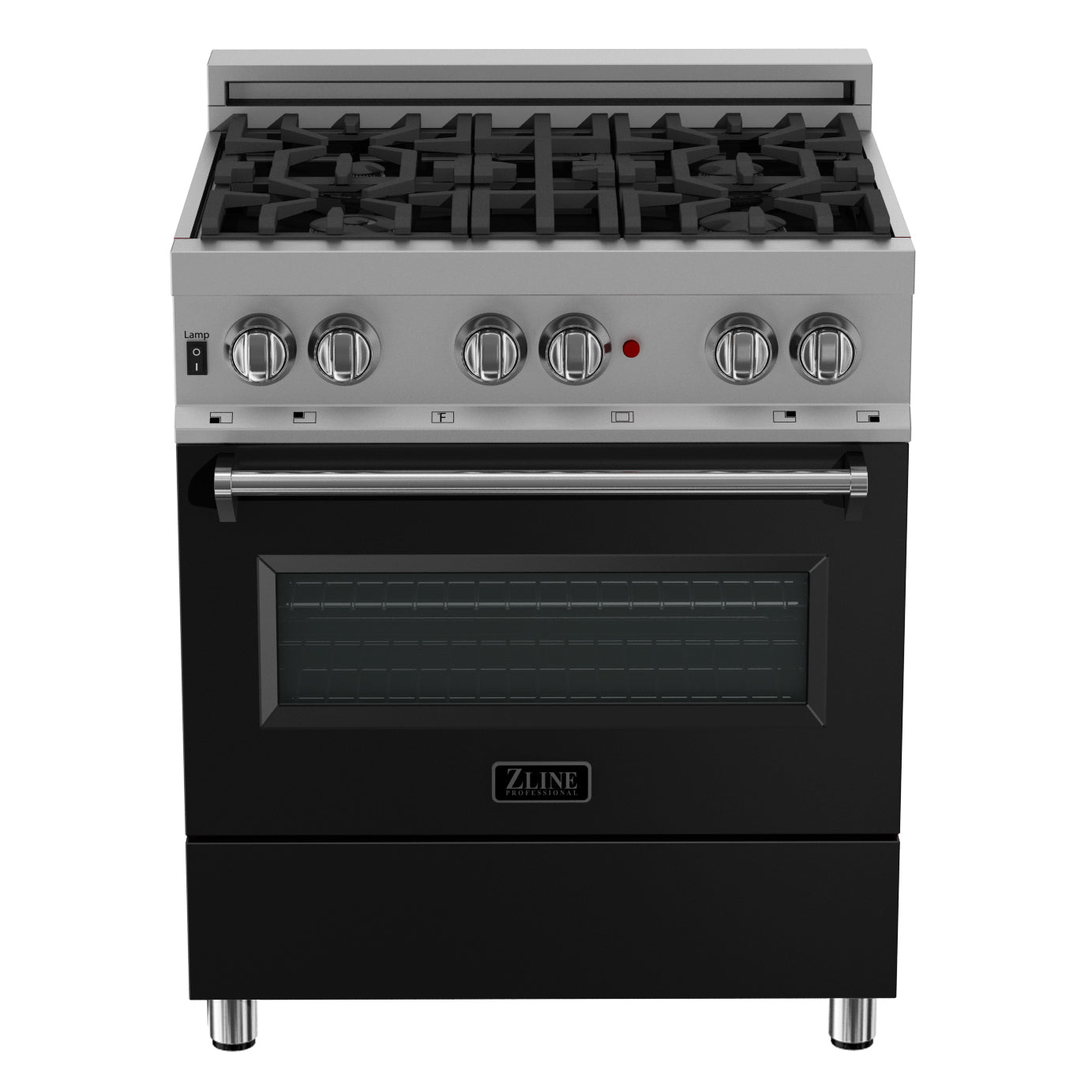 ZLINE 30 in. 4.0 cu. ft. Legacy Dual Fuel Range with 4 Burner Gas Cooktop and Electric Convection Oven in DuraSnow® Stainless Steel and Black Matte Door (RAS-BLM-30) front, oven closed.