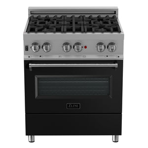 ZLINE 30 in. 4.0 cu. ft. Legacy Dual Fuel Range with 4 Burner Gas Cooktop and Electric Convection Oven in DuraSnow® Stainless Steel and Black Matte Door (RAS-BLM-30) front, oven closed.