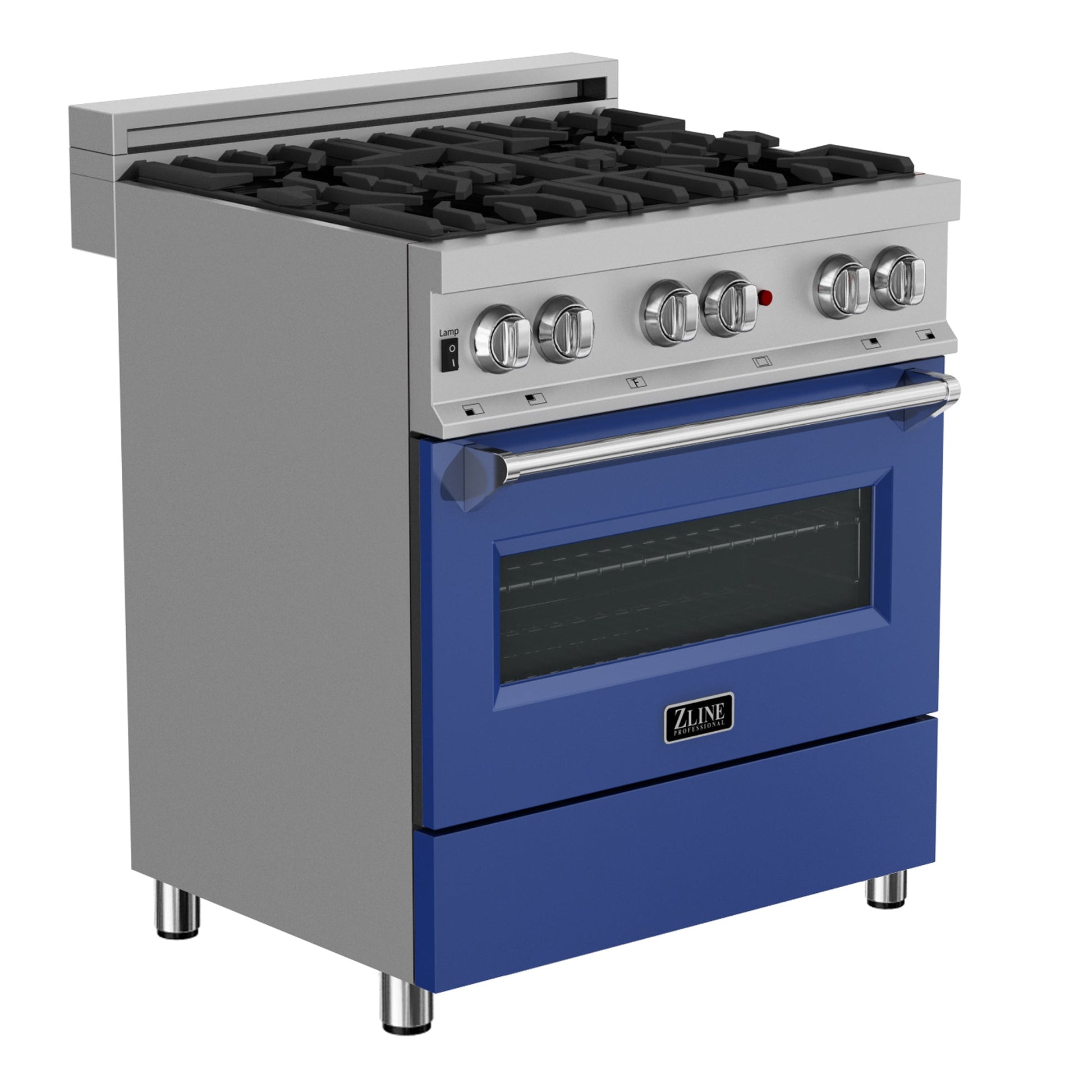 ZLINE 30 in. 4.0 cu. ft. Legacy Dual Fuel Range with 4 Burner Gas Cooktop and Electric Convection Oven in DuraSnow® Stainless Steel and Blue Matte Door (RAS-BM-30) side, oven closed.