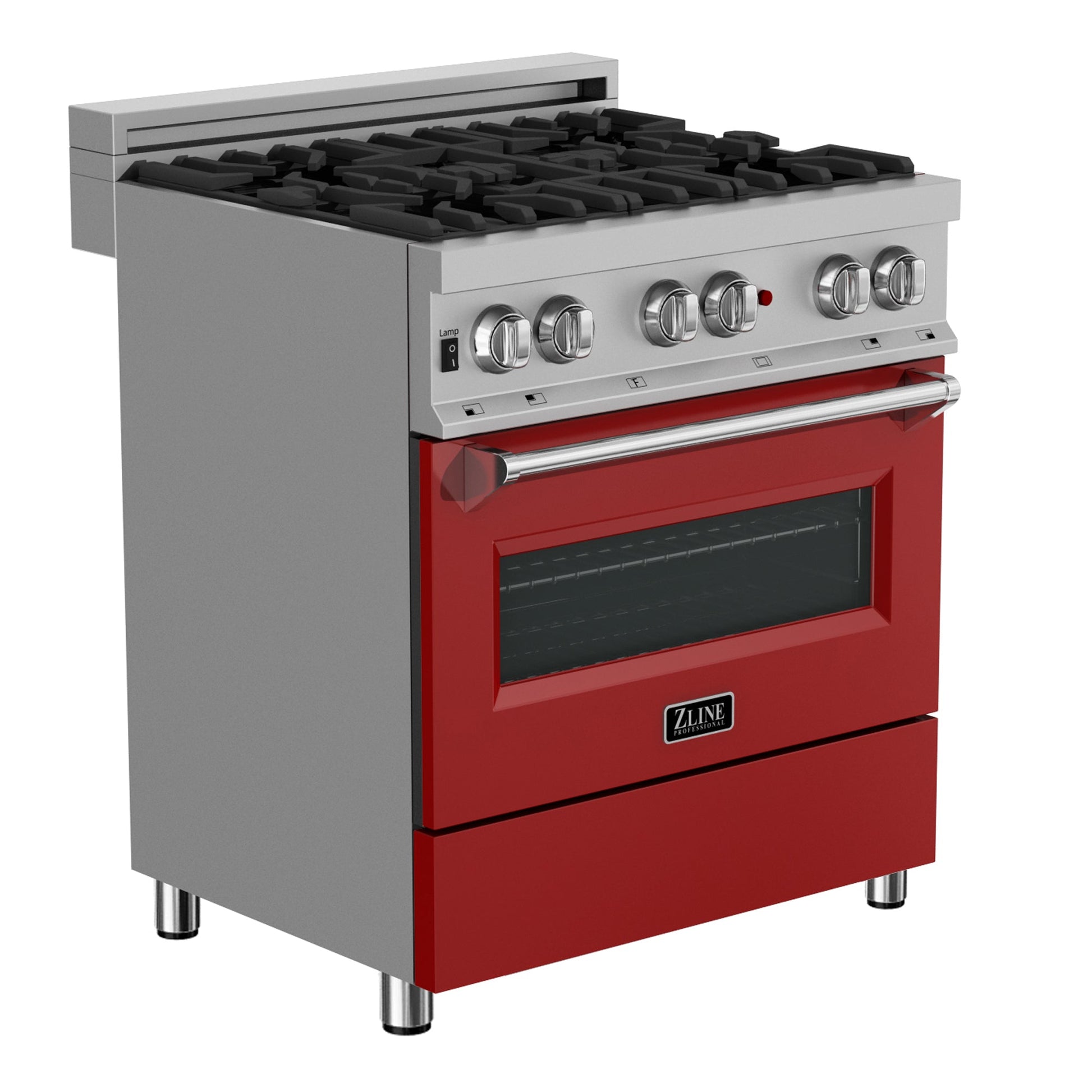 ZLINE 30 in. 4.0 cu. ft. Legacy Dual Fuel Range with 4 Burner Gas Cooktop and Electric Convection Oven in DuraSnow® Stainless Steel and Red Matte Door (RAS-RM-30) side, oven closed.