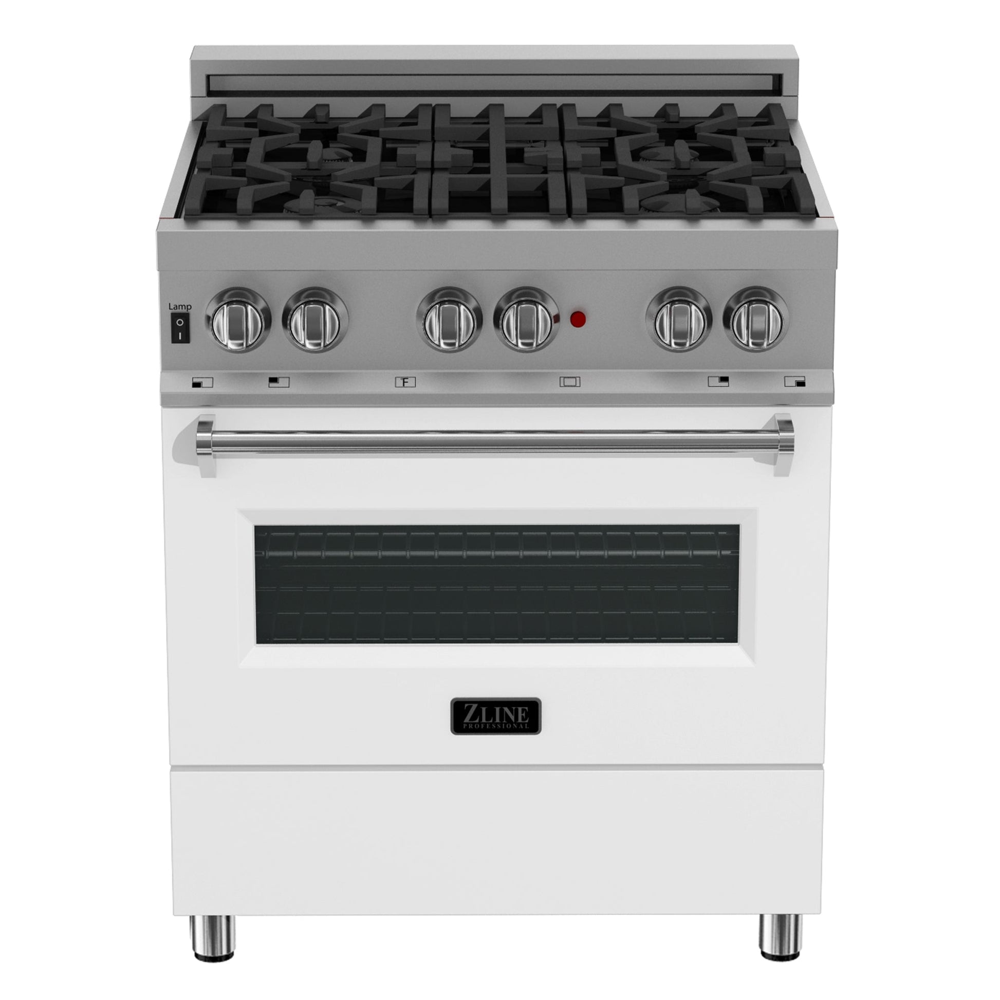 ZLINE 30 in. 4.0 cu. ft. Legacy Dual Fuel Range with 4 Burner Gas Cooktop and Electric Convection Oven in DuraSnow® Stainless Steel and White Matte Door (RAS-WM-30) front, oven closed.