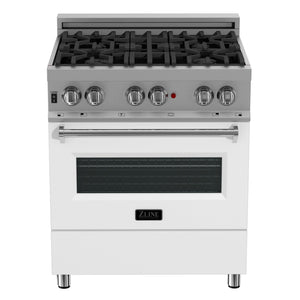 ZLINE 30 in. 4.0 cu. ft. Legacy Dual Fuel Range with 4 Burner Gas Cooktop and Electric Convection Oven in DuraSnow® Stainless Steel and White Matte Door (RAS-WM-30) front, oven closed.