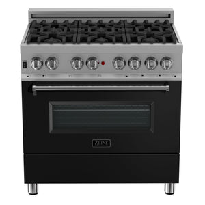 ZLINE 36 in. 4.6 cu. ft. Legacy Dual Fuel Range with 6 Burner Gas Cooktop and Electric Convection Oven in DuraSnow® Stainless Steel and Black Matte Door (RAS-BLM-36) front, oven closed.