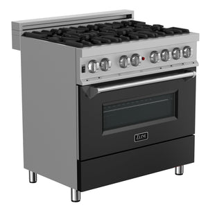 ZLINE 36 in. 4.6 cu. ft. Legacy Dual Fuel Range with 6 Burner Gas Cooktop and Electric Convection Oven in DuraSnow® Stainless Steel and Black Matte Door (RAS-BLM-36) side, oven closed.