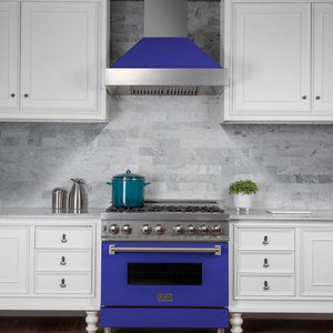 ZLINE 36 in. 4.6 cu. ft. Legacy Dual Fuel Range with 6 Burner Gas Cooktop and Electric Convection Oven in DuraSnow® Stainless Steel and Blue Matte Door (RAS-BM-36) front, oven closed.