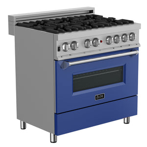 ZLINE 36 in. 4.6 cu. ft. Legacy Dual Fuel Range with 6 Burner Gas Cooktop and Electric Convection Oven in DuraSnow® Stainless Steel and Blue Matte Door (RAS-BM-36) side, oven closed.