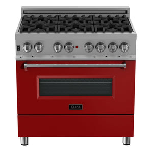 ZLINE 36 in. 4.6 cu. ft. Legacy Dual Fuel Range with 6 Burner Gas Cooktop and Electric Convection Oven in DuraSnow® Stainless Steel and Red Matte Door (RAS-RM-36) front, oven closed.