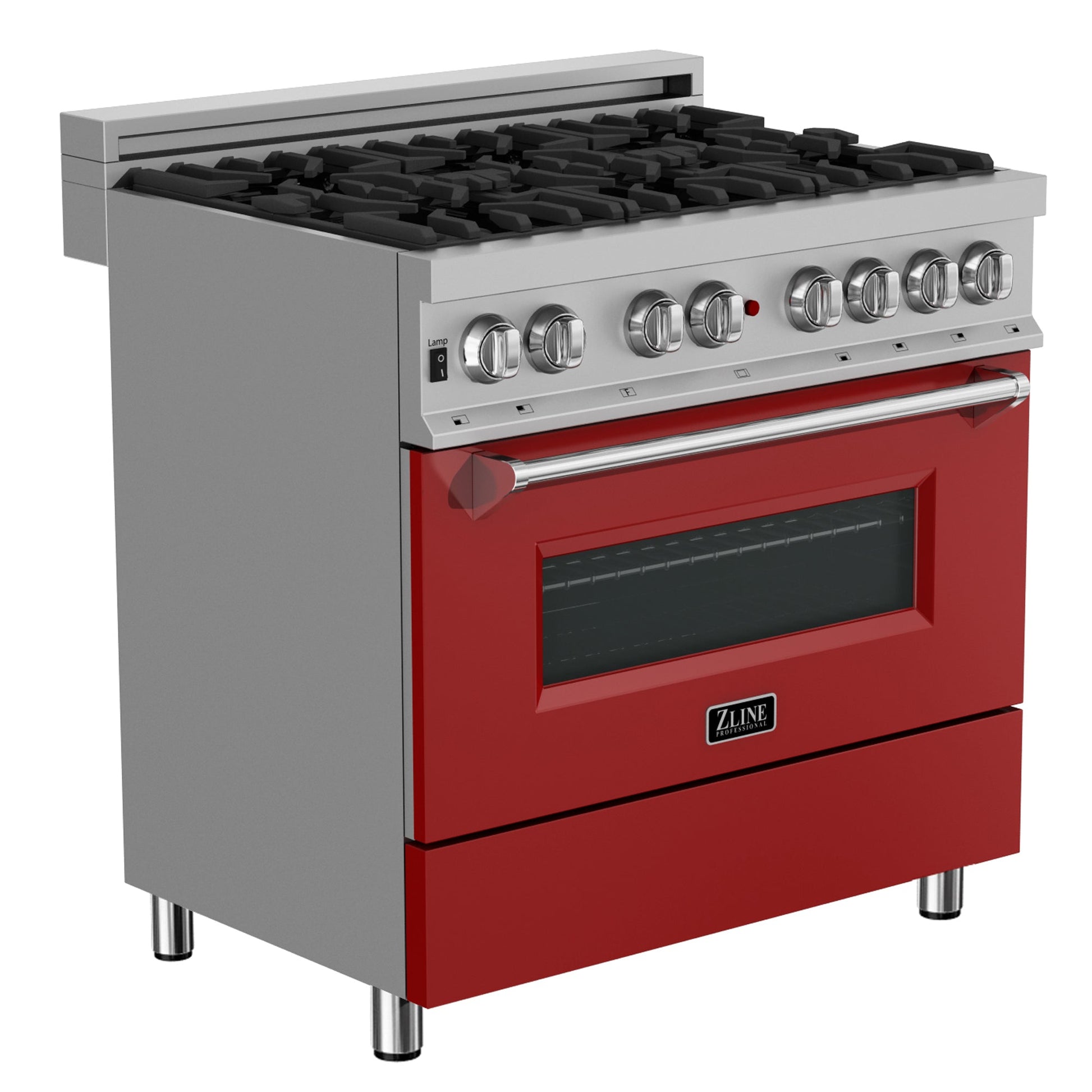 ZLINE 36 in. 4.6 cu. ft. Legacy Dual Fuel Range with 6 Burner Gas Cooktop and Electric Convection Oven in DuraSnow® Stainless Steel and Red Matte Door (RAS-RM-36) side, oven closed.