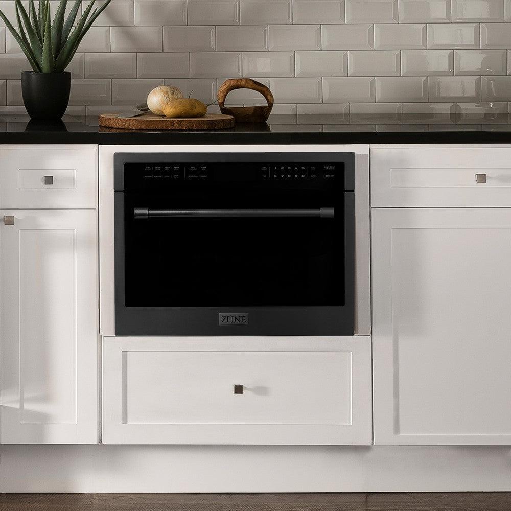 ZLINE 24 in. Black Stainless Steel Built-in Convection Microwave Oven with Speed and Sensor Cooking (MWO-24-BS) in a rustic farmhouse kitchen with white cabinets and black countertops.
