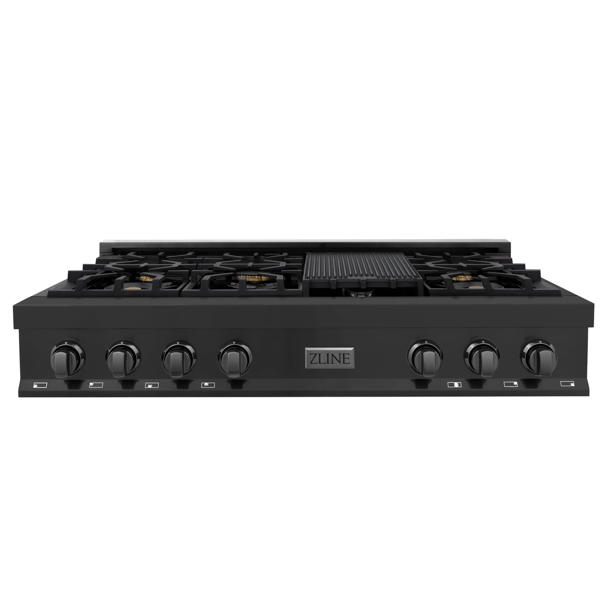 ZLINE 48 in. Porcelain Gas Rangetop in Black Stainless Steel with Brass Burners and Griddle (RTB-BR-48) front.