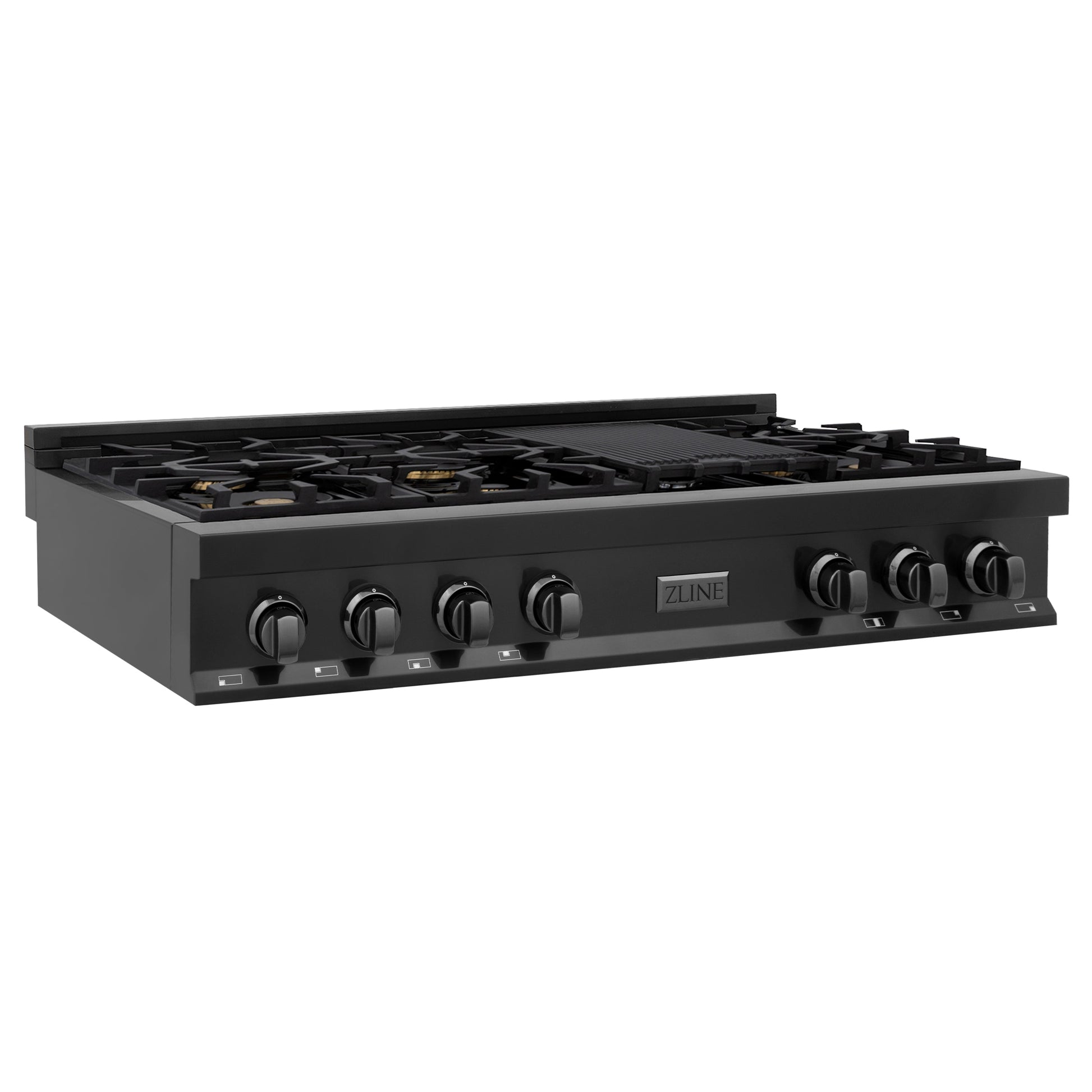 ZLINE 48 in. Porcelain Gas Stovetop in Black Stainless Steel with Brass Burners and Griddle.