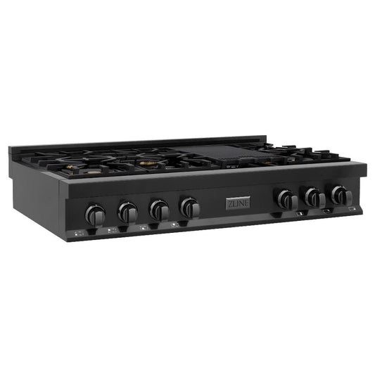 ZLINE 48 in. Porcelain Gas Rangetop in Black Stainless Steel with Brass Burners and Griddle (RTB-BR-48) side.