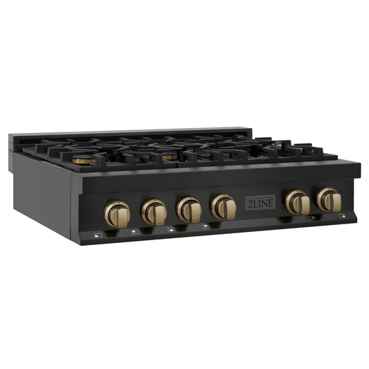 ZLINE Autograph Edition 36 in. Porcelain Rangetop with 6 Gas Burners in Black Stainless Steel and Champagne Bronze Accents (RTBZ-36-CB) side.