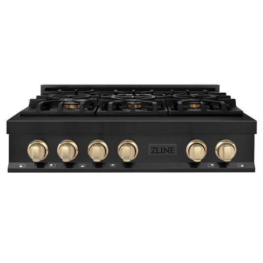 ZLINE Autograph Edition 36 in. Legacy Gas Rangetop with 6 Burners and Porcelain Cooktop in Black Stainless Steel with Polished Gold Accents (RTBZ-36-G) front.