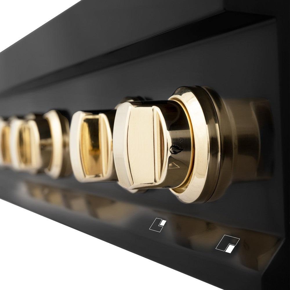 Polished gold cooktop knobs.