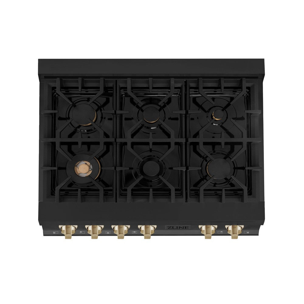 ZLINE Autograph Edition 36 in. Porcelain Rangetop with 6 Gas Burners in Black Stainless Steel and Polished Gold Accents (RTBZ-36-G) from above showing gas burners and cast-iron grates.