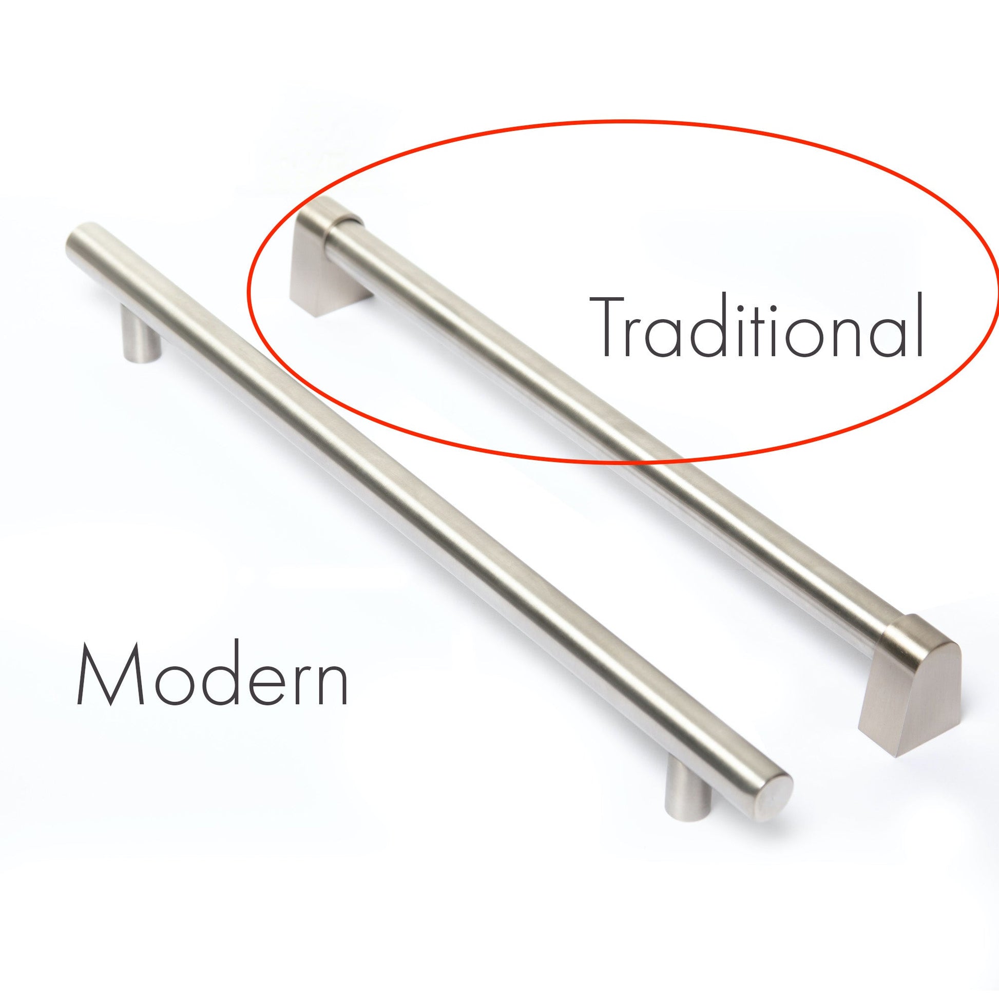 Traditional handle and modern handle side by side comparison.