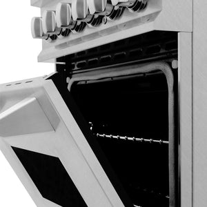 ZLINE 24 in. Professional Dual Fuel Range in Fingerprint Resistant Stainless Steel with Brass Burners (RAS-SN-BR-24) side, oven door partially open, close-up.