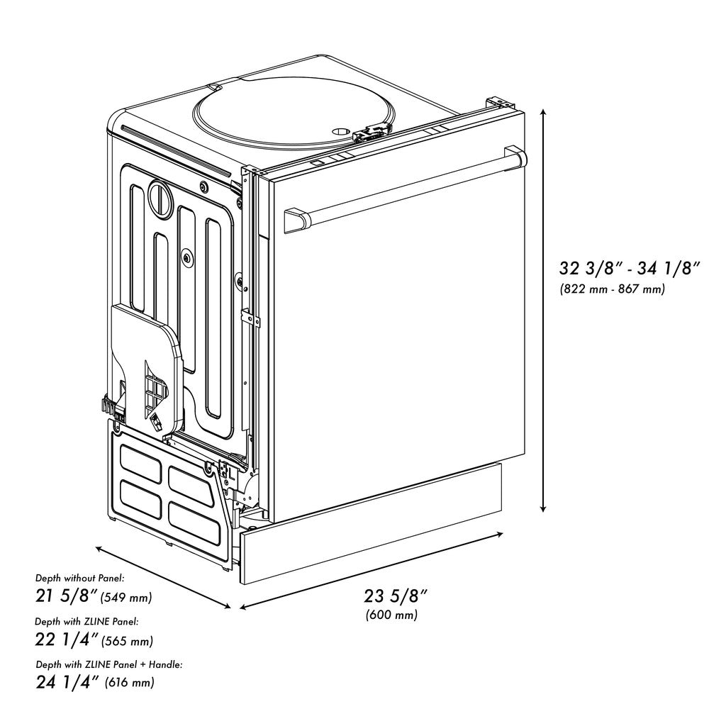 ZLINE 24 in. Top Control Dishwasher with Copper Panel and Traditional Style Handle, 52dBa (DW-C-H-24) dimensional diagram with measurements.