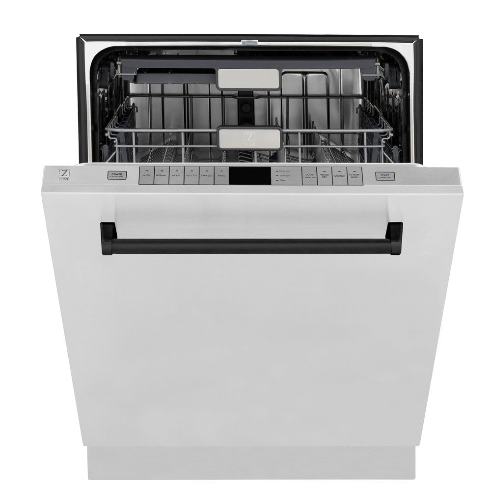 ZLINE Autograph Edition 24 in. 3rd Rack Top Touch Control Tall Tub Dishwasher in Stainless Steel with Matte Black Handle, 45dBa (DWMTZ-304-24-MB) front, half open.