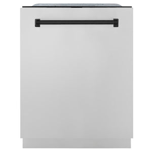 ZLINE Autograph Edition 24 in. 3rd Rack Top Touch Control Tall Tub Dishwasher in Stainless Steel with Matte Black Handle, 45dBa (DWMTZ-304-24-MB) front, closed.