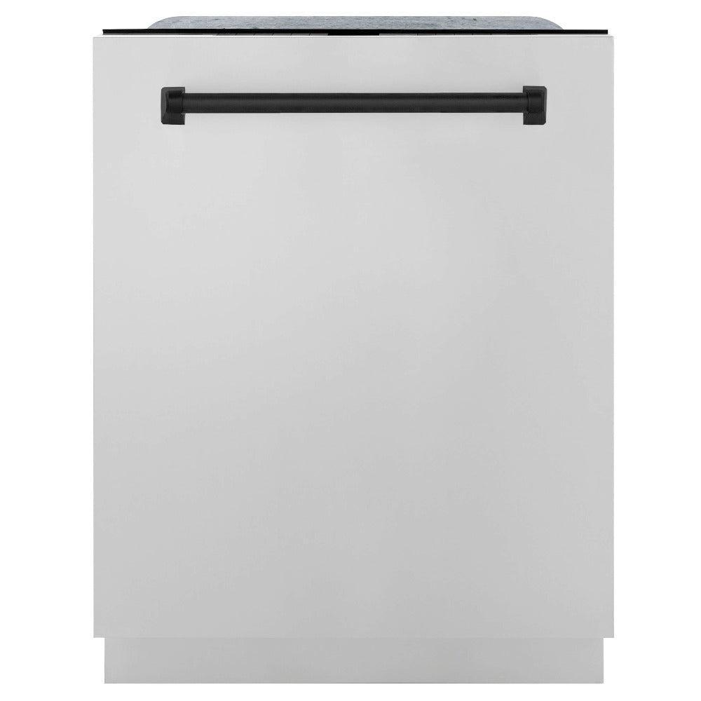 ZLINE Autograph Edition 24 in. 3rd Rack Top Touch Control Tall Tub Dishwasher in Stainless Steel with Matte Black Handle, 45dBa (DWMTZ-304-24-MB) front, closed.