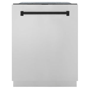 ZLINE Autograph Edition 24 in. 3rd Rack Top Touch Control Tall Tub Dishwasher in Stainless Steel with Matte Black Handle, 45dBa (DWMTZ-304-24-MB) front, closed.