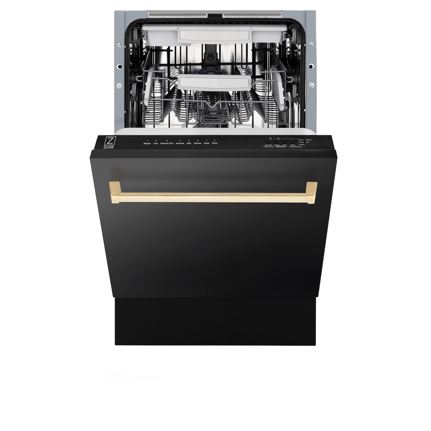 ZLINE Autograph Edition 18 in. Compact 3rd Rack Top Control Dishwasher in Black Stainless Steel with Polished Gold Accent Handle, 51dBa (DWVZ-BS-18-G) front, half open.