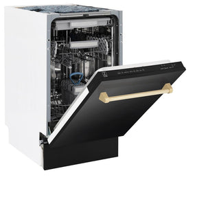 ZLINE Autograph Edition 18 in. Compact 3rd Rack Top Control Dishwasher in Black Stainless Steel with Polished Gold Accent Handle, 51dBa (DWVZ-BS-18-G) side, half open.