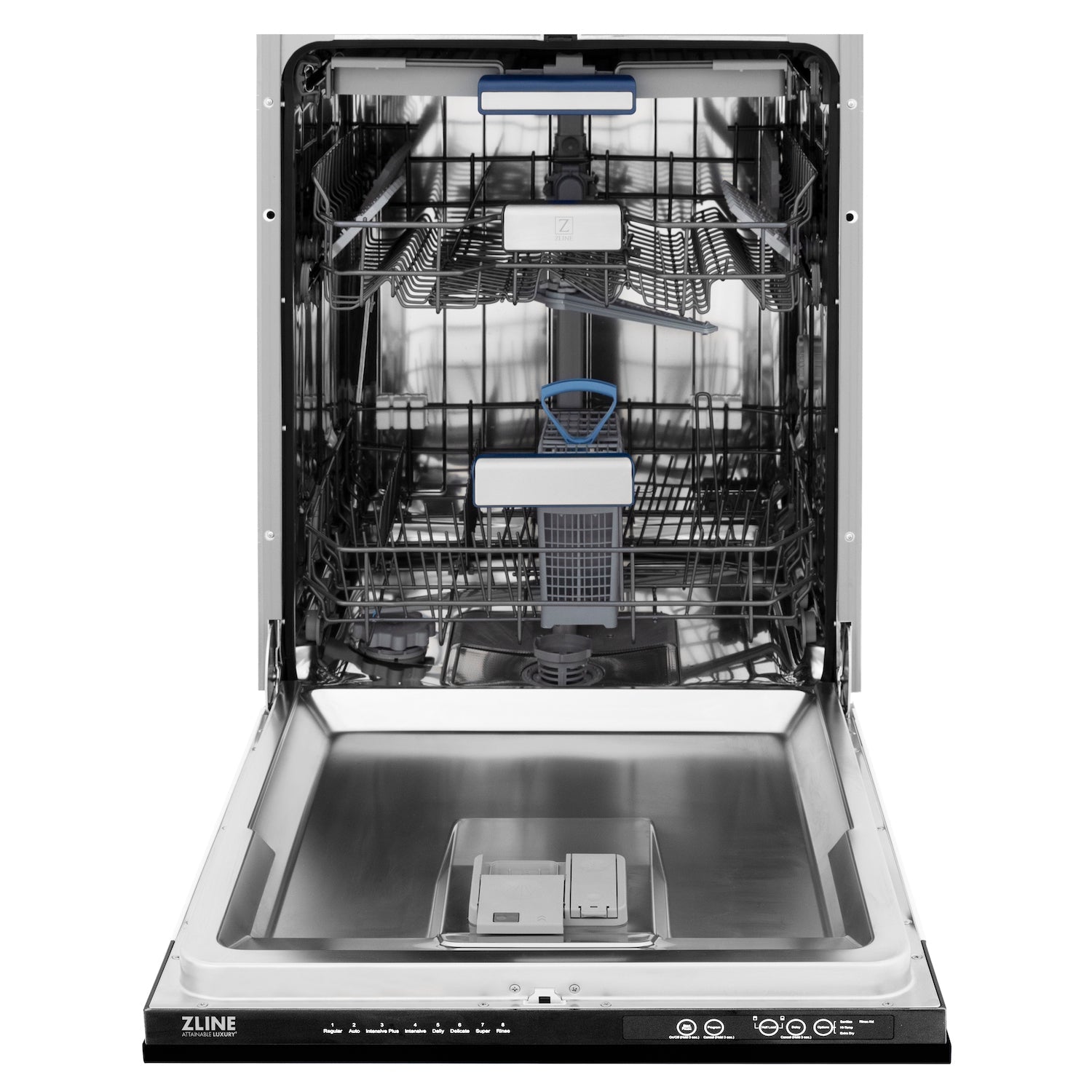 ZLINE Autograph Edition 24 in. 3rd Rack Top Control Tall Tub Dishwasher in Black Stainless Steel with Champagne Bronze Accent Handle, 51dBa (DWVZ-BS-24-CB) front, door open.