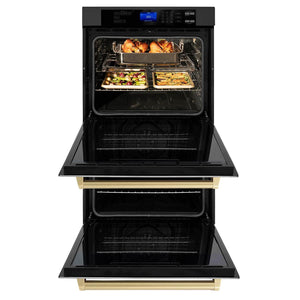 ZLINE Autograph Edition 30 in. Electric Double Wall Oven with Self Clean and True Convection in Black Stainless Steel and Champagne Bronze Accents (AWDZ-30-BS-CB) front, open with cooked food inside.