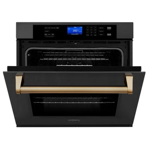 ZLINE Autograph Edition 30 in. Single Wall Oven with Self Clean and True Convection in Black Stainless Steel and Champagne Bronze Accents (AWSZ-30-BS-CB) front, half open.