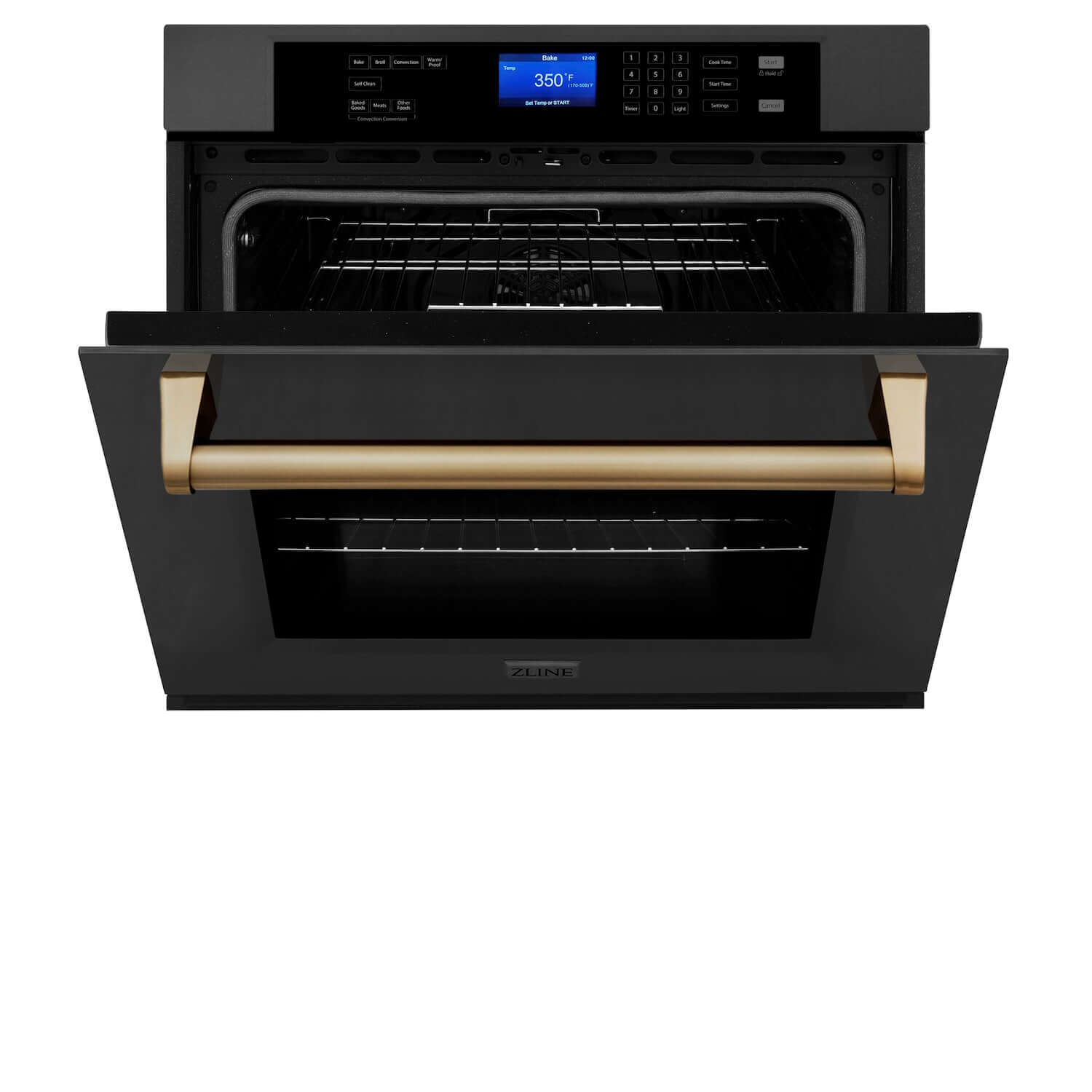 ZLINE Autograph Edition 30 in. Single Wall Oven with Self Clean and True Convection in Black Stainless Steel and Champagne Bronze Accents (AWSZ-30-BS-CB) front, half open.