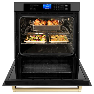 ZLINE Autograph Edition 30 in. Single Wall Oven with Self Clean and True Convection in Black Stainless Steel and Champagne Bronze Accents (AWSZ-30-BS-CB) front, open with cooked food inside.