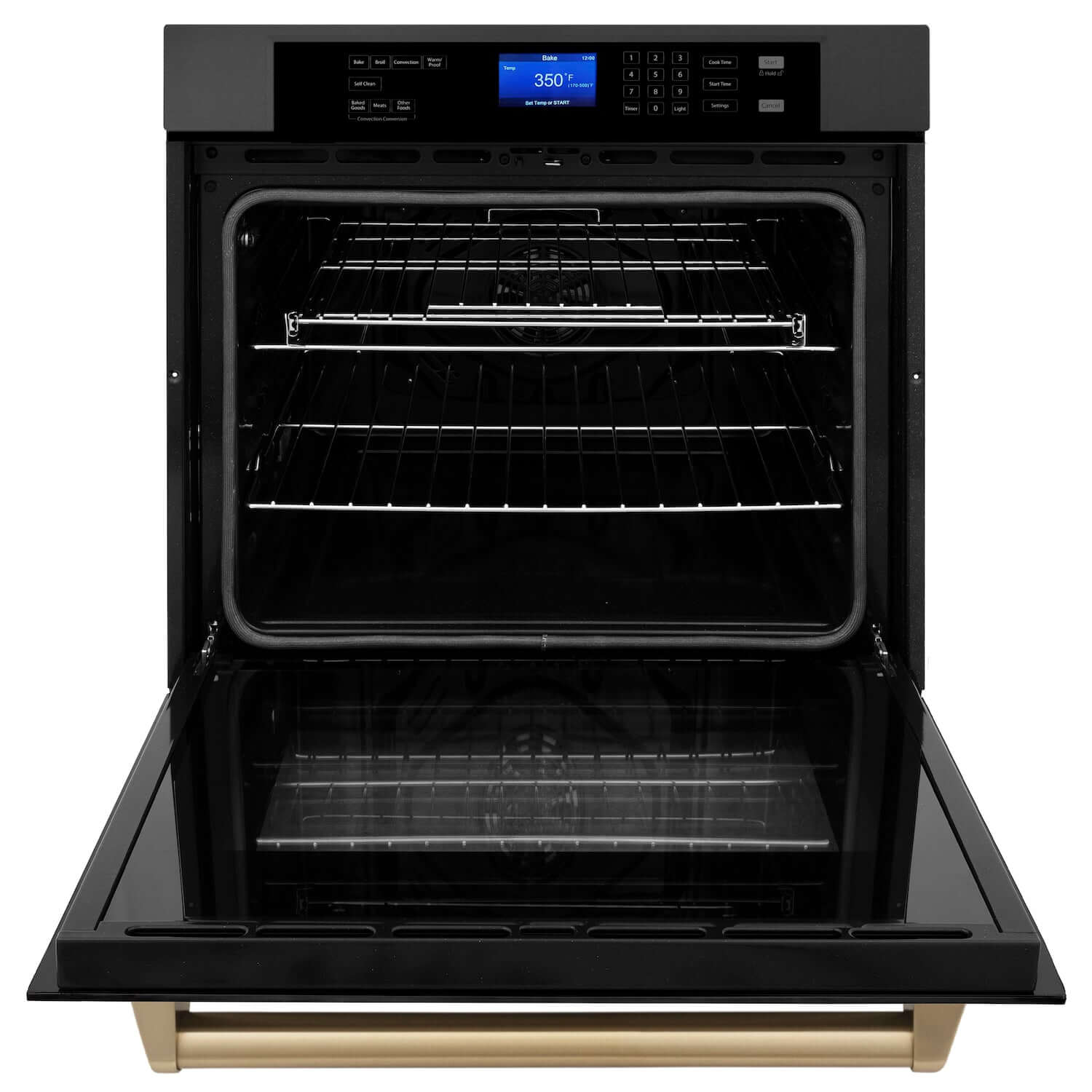 ZLINE Autograph Edition 30 in. Single Wall Oven with Self Clean and True Convection in Black Stainless Steel and Champagne Bronze Accents (AWSZ-30-BS-CB) front, open.