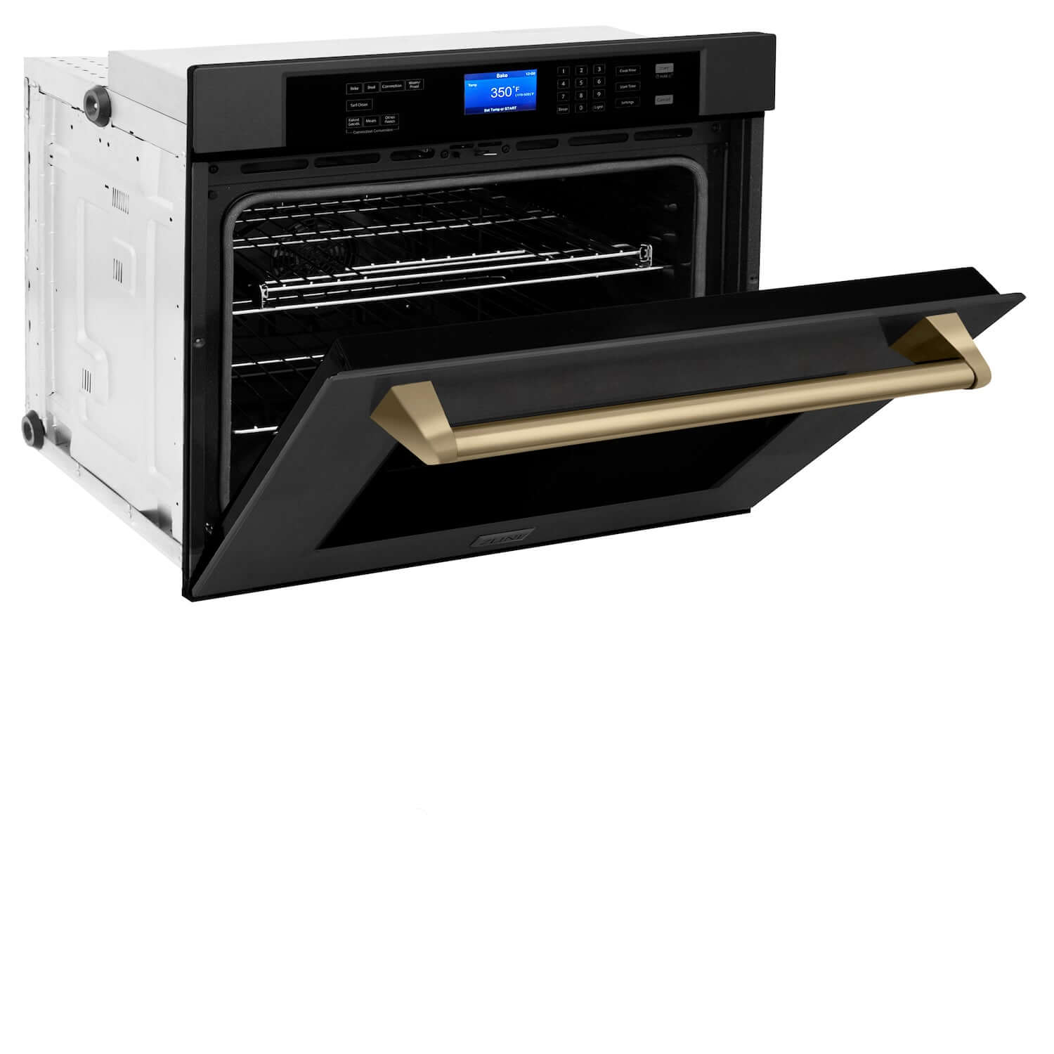 ZLINE Autograph Edition 30 in. Single Wall Oven with Self Clean and True Convection in Black Stainless Steel and Champagne Bronze Accents (AWSZ-30-BS-CB) side, half open.