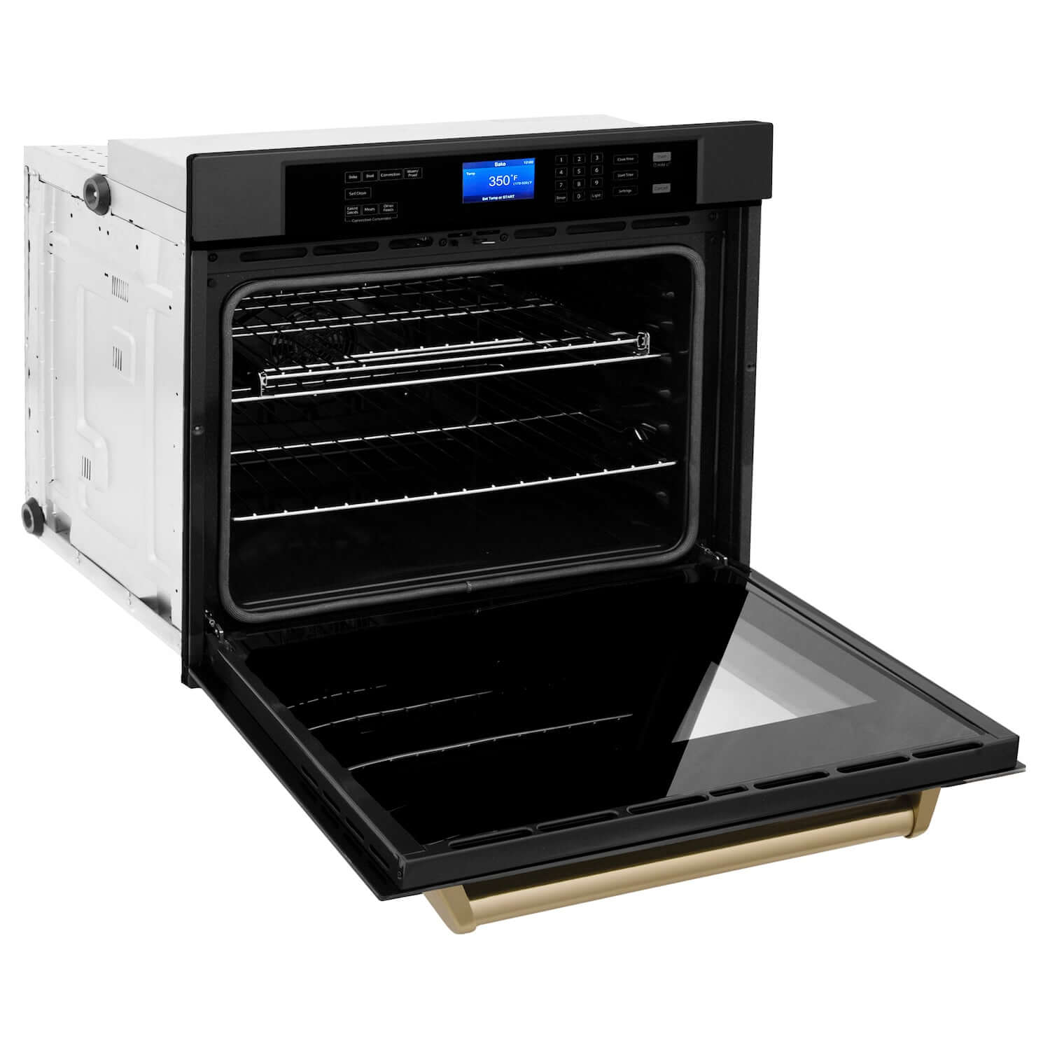 ZLINE Autograph Edition 30 in. Single Wall Oven with Self Clean and True Convection in Black Stainless Steel and Champagne Bronze Accents (AWSZ-30-BS-CB) side, open.