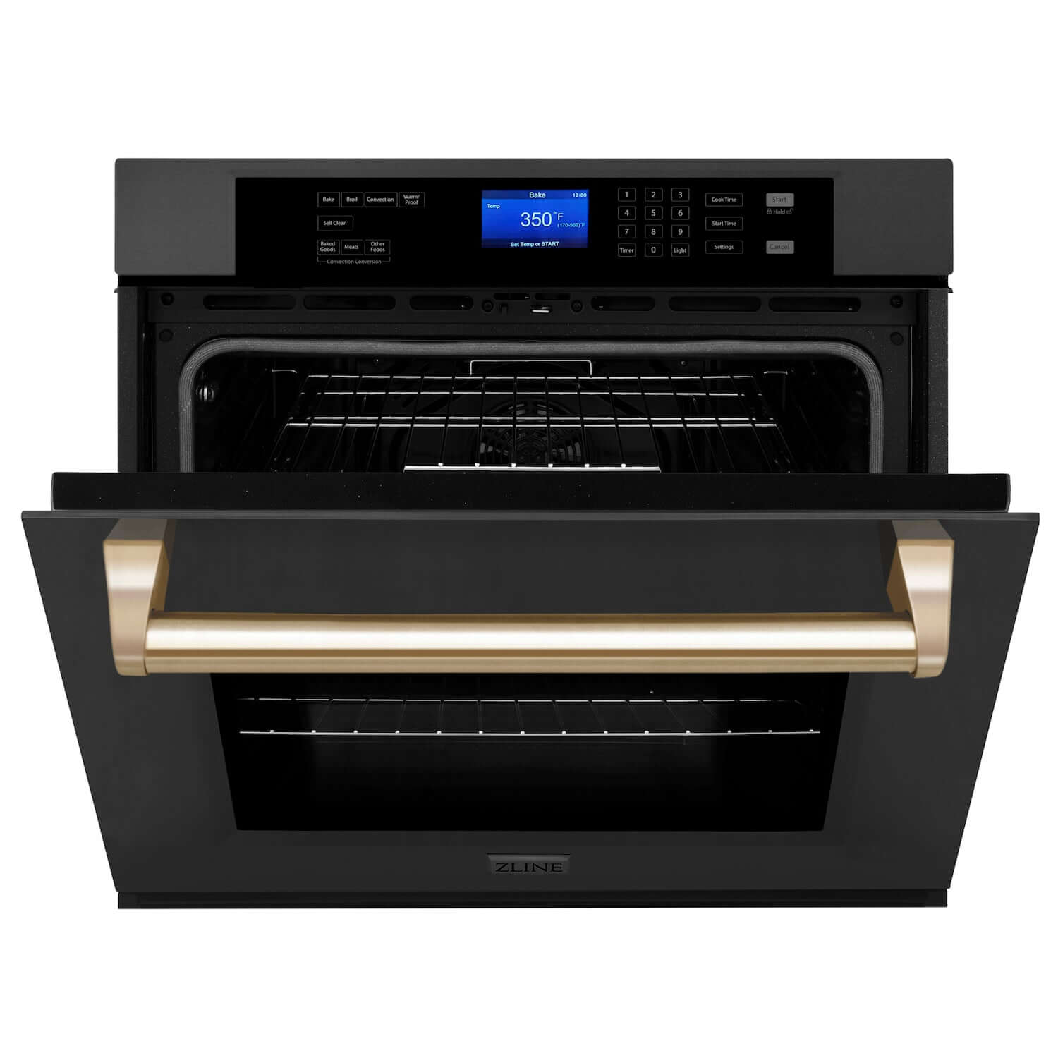 ZLINE Autograph Edition 30 in. Single Wall Oven with Self Clean and True Convection in Black Stainless Steel and Polished Gold Accents (AWSZ-30-BS-G) front, half open.