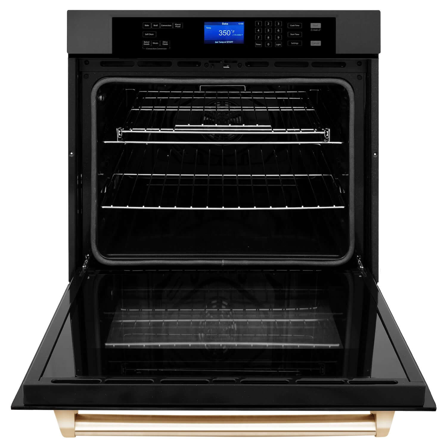 ZLINE Autograph Edition 30 in. Single Wall Oven with Self Clean and True Convection in Black Stainless Steel and Polished Gold Accents (AWSZ-30-BS-G) front, open.