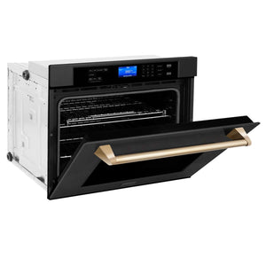 ZLINE Autograph Edition 30 in. Single Wall Oven with Self Clean and True Convection in Black Stainless Steel and Polished Gold Accents (AWSZ-30-BS-G) side, half open.