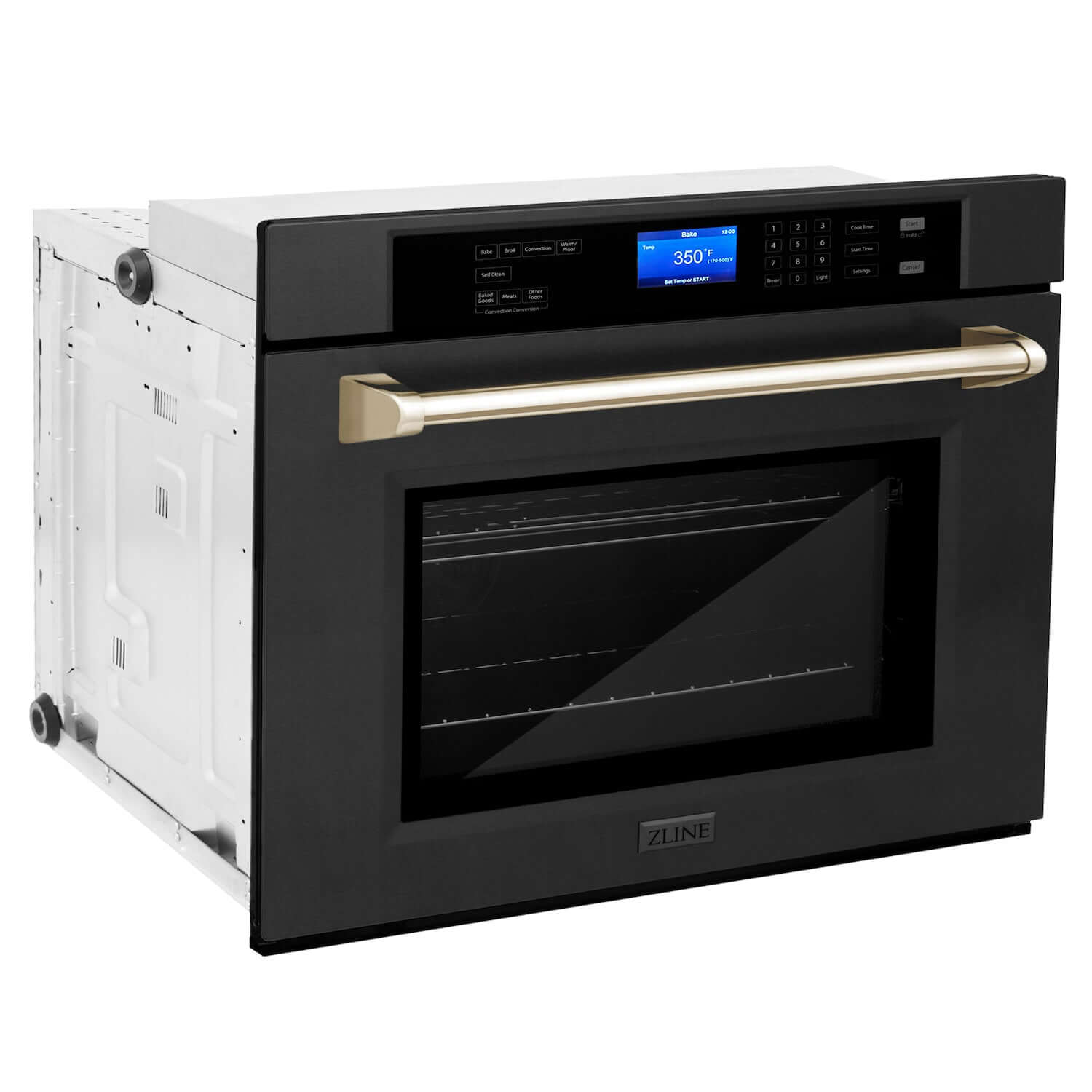 ZLINE Autograph Edition 30 in. Single Wall Oven with Self Clean and True Convection in Black Stainless Steel and Polished Gold Accents (AWSZ-30-BS-G) side, closed.