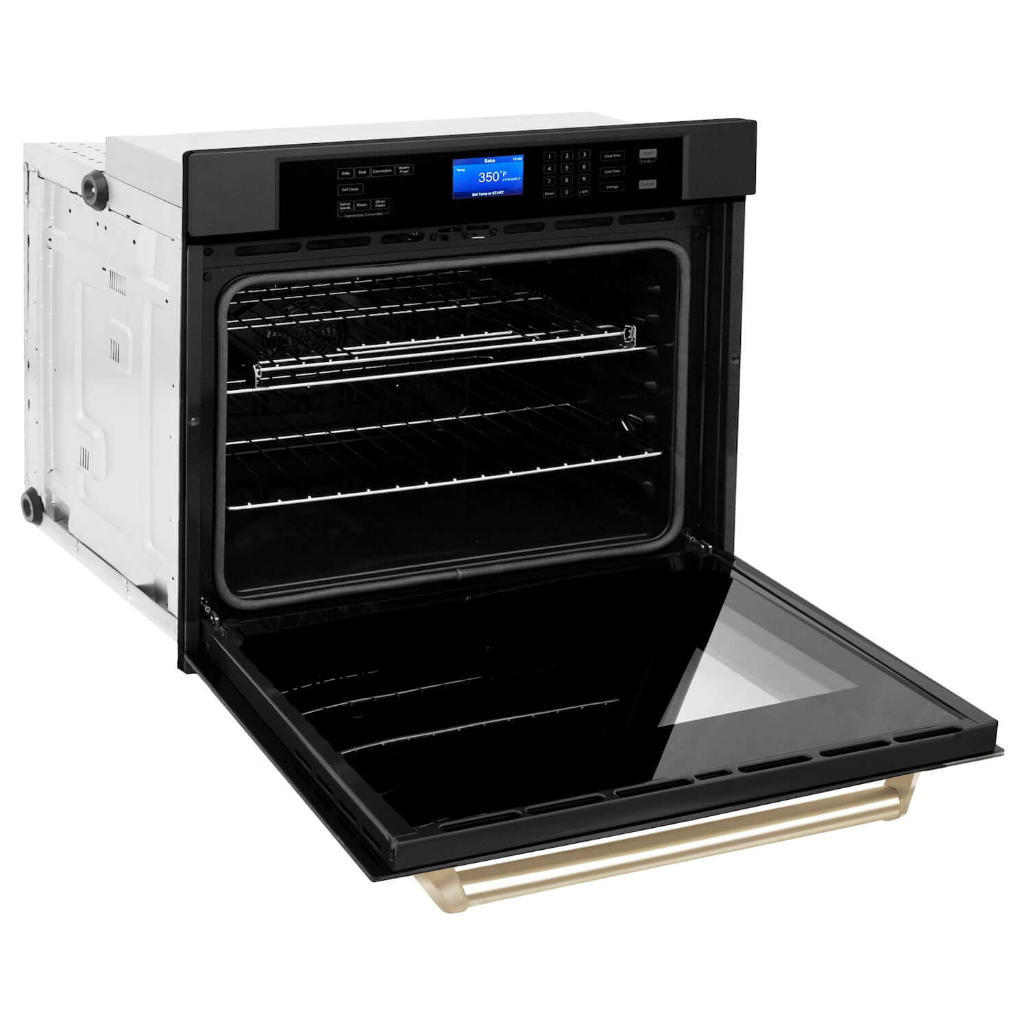 ZLINE Autograph Edition 30 in. Single Wall Oven with Self Clean and True Convection in Black Stainless Steel and Polished Gold Accents (AWSZ-30-BS-G) side, open.