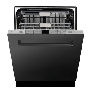 ZLINE 24 in. Monument Series 3rd Rack Top Touch Control Dishwasher with Black Stainless Steel Panel, 45dBa (DWMT-BS-24) front, half open.