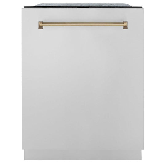 ZLINE Autograph Edition 24 in. 3rd Rack Top Touch Control Tall Tub Dishwasher in Stainless Steel with Champagne Bronze Handle, 45dBa (DWMTZ-304-24-CB)