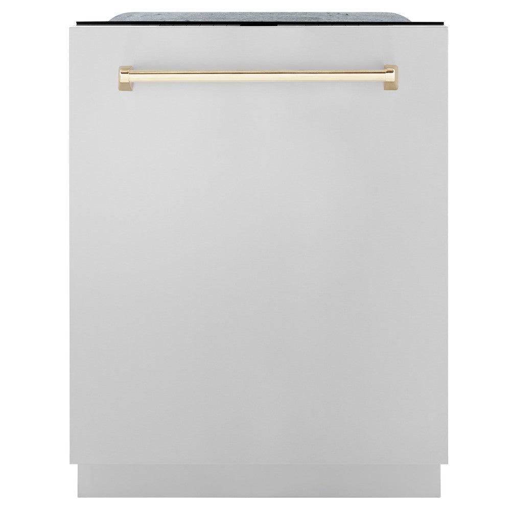 ZLINE Autograph Edition 24 in. 3rd Rack Top Touch Control Tall Tub Dishwasher in Stainless Steel with Polished Gold Handle, 45dBa (DWMTZ-304-24-G) front.
