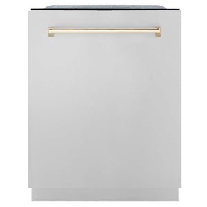 ZLINE Autograph Edition 24 in. 3rd Rack Top Touch Control Tall Tub Dishwasher in Stainless Steel with Polished Gold Handle, 45dBa (DWMTZ-304-24-G) front.